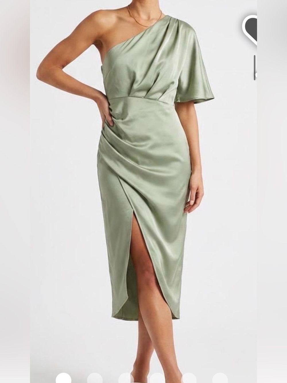 One-Shoulder Sage Satin Midi Dress